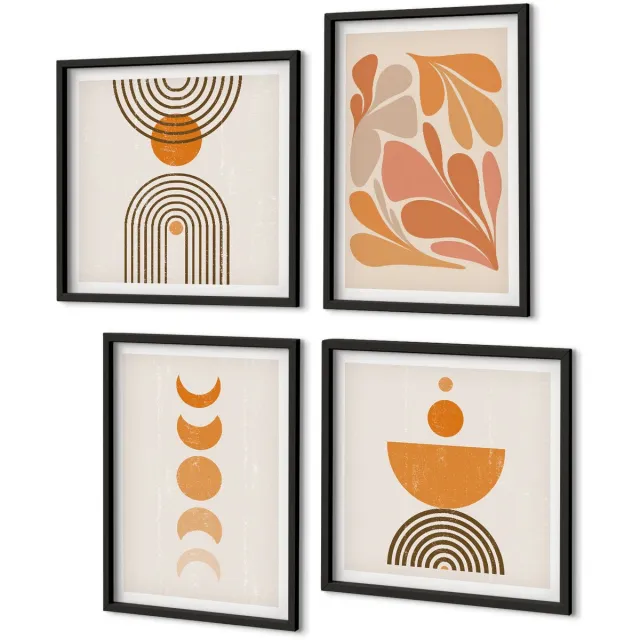 Coloray 4-Delige Schilderij Set - Abstracte Vormen In Oranje Tinten - 40 x 40 cm En 40 x 60 cm - Muurdecoratie - Decoratieve Schilderijen - Wohnzimmer Zwarte lijst