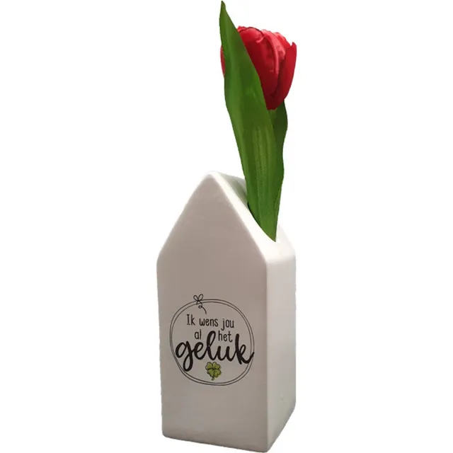 Miko Decoratie Vaasje - Huisje - Geluk Wit