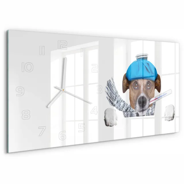 TULUP Wandklok - Zieke hond Wandklok Glas Met Motief - 60x30 cm - Blauw Decoratieve Glazen Klok - Witte handen - Rechthoekige Klok - Gekleurde Glazen Klok - Glazen Klok Met Print