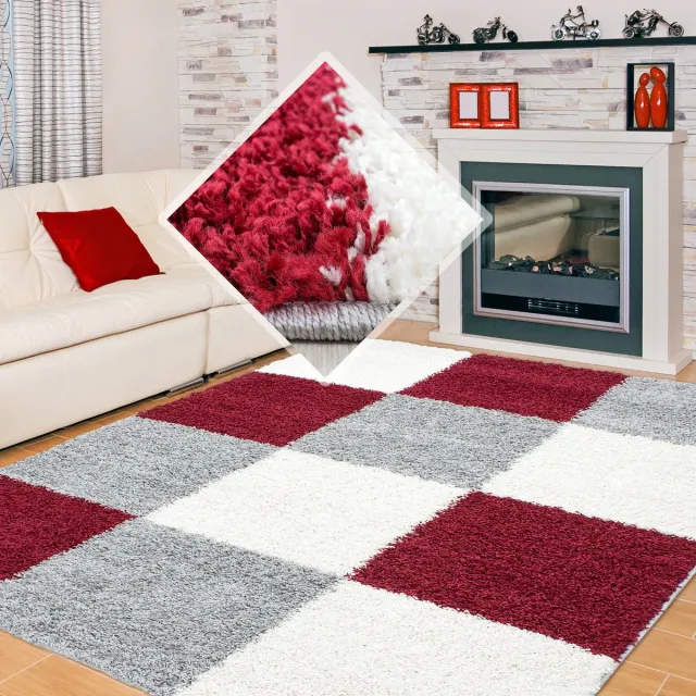 Muratap Basic Shaggy Geblokt vloerkleed Rood / Grijs Hoogpolig- 160x230 CM