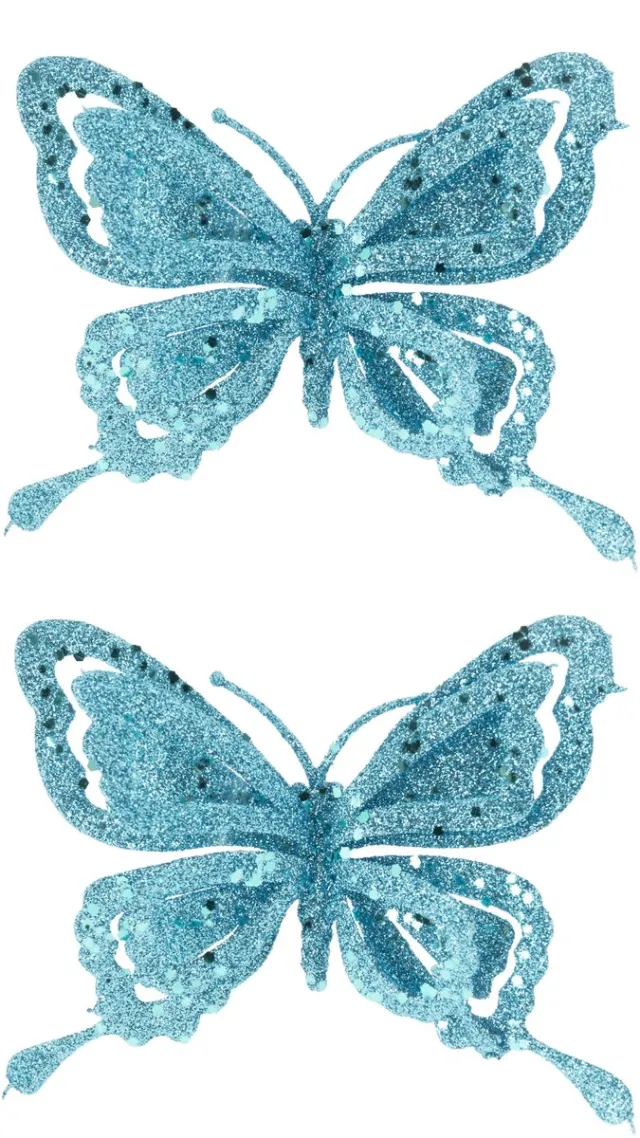 Cosy @ Home Kerstboomversiering Vlinder - 2x - 14 cm - blauw glitter - op clip - ornament