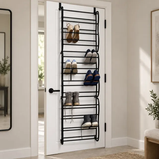 LG Life's green Life's Green Schoenenrek deur – Voor alle binnendeuren – Schoenenrek hangend voor 24 tot 36 Paar Schoenen – Schoenenkast - H180xB50xD20cm – Schoenenopberger – Kunststof/Metaal – Zwart