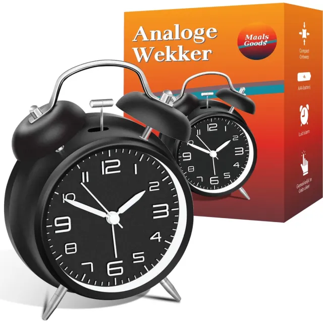 Maals Goods Analoge Wekker Stil – Vintage Twin Bell Alarmklok met Verlichting – Zonder Tikkend Geluid – Extra Luide Bel voor Diepe Slapers – Batterij Wekker Zwart – 4 Inch Metaal Design