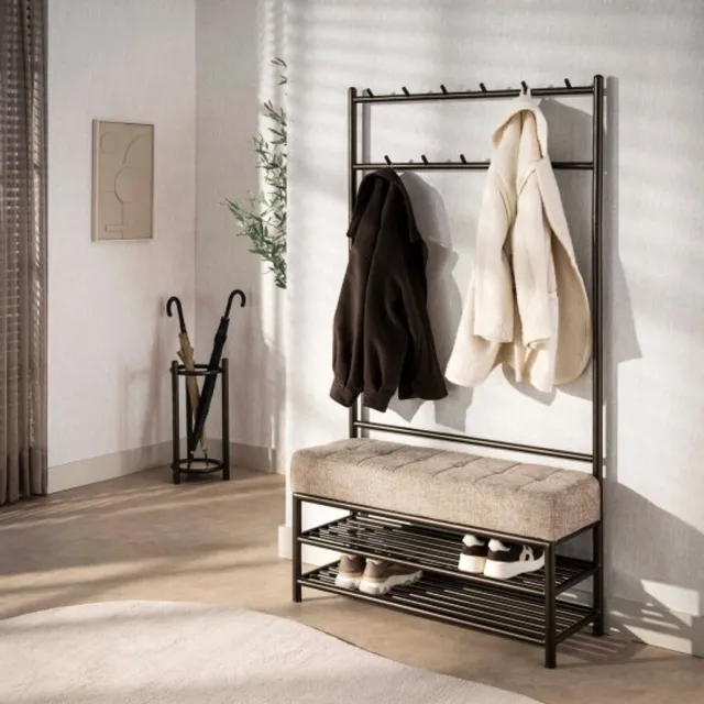 Meubelplaats Garderobebank Luno met zitkussen - kapstok - schoenenrek - garderobemeubel – Drift brown - 11-haaks– 100x36x183 cm