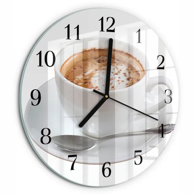TULUP Wandklok - Koffie Glazen Wandklok Design - 30fi cm - Wit Klok Glas Met Opdruk - Zwarte Handen - Ronde Wandklok - Wandklok Glas Met Motief - Decoratieve Glazen Klok Wit - Koffie