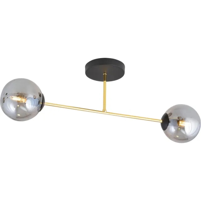Emibig Kleine plafondlamp zwart met messing en gerookt glas bollen 2x E14 - Stijlvolle verlichting voor elke ruimte Zwartachtig