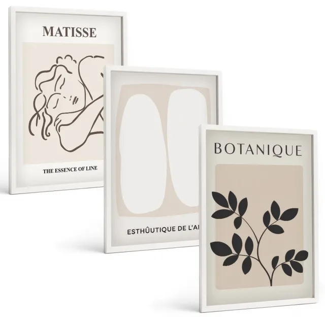 TULUP 3-Delige Schilderij Set - Stijlvolle minimalistische schilderijen met plantmotieven van Matisse - 40x60 - Schilderijen Set - Wanddecoratie - Woonkamer - Decoratieve Schilderijen Witte lijst