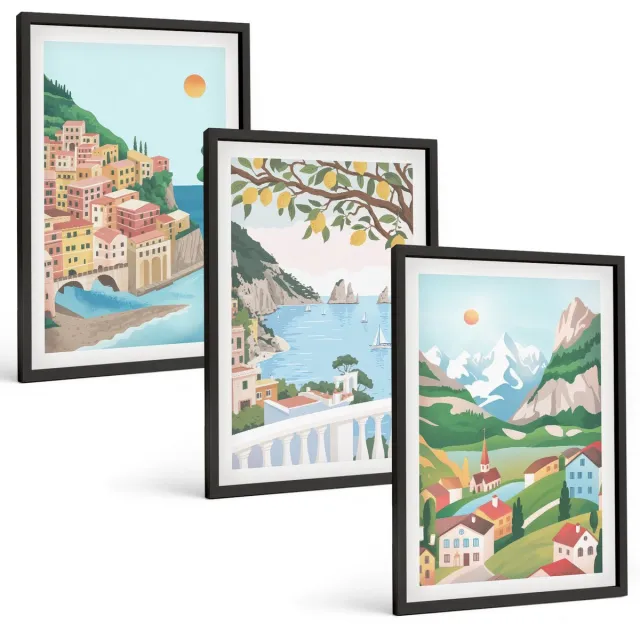 TULUP 4-Delige Schilderij Set - Uitzicht op zee met pastelkleurige huizen - 40 x 60 cm - Muurdecoratie - Interieur Decoratie - Stijlvolle Muurdecoratie Zwarte lijst