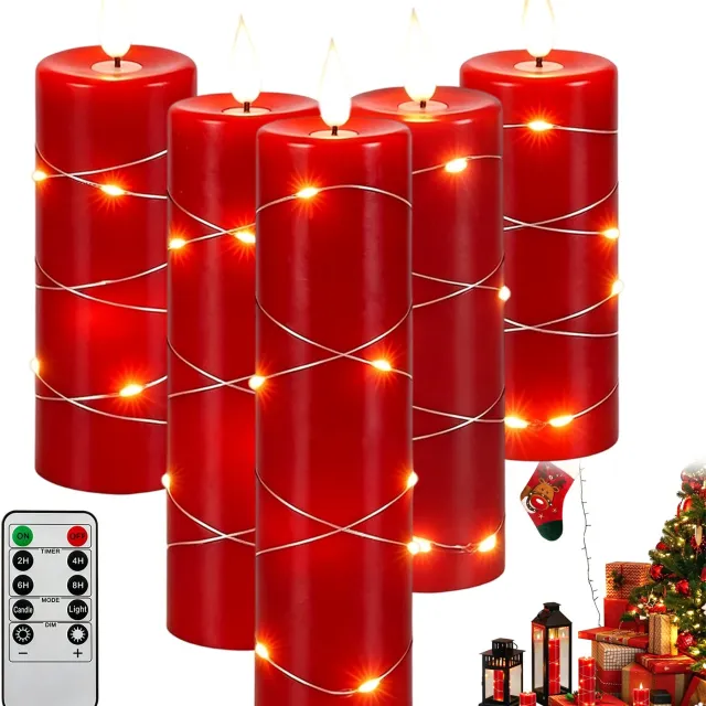 Bedee 5 Stuks LED Kaarsen - Nep Kaarsen - Dinerkaarsen - Kerst Kaarsen - met Lichtslinger - Warm Licht - Afstandsbediening - Veilig & Vlamvrij - Elektronische Kaarsen - Voor Bruiloft & Kerst & Feestjes & Romantisch Diner & Sfeer Rood