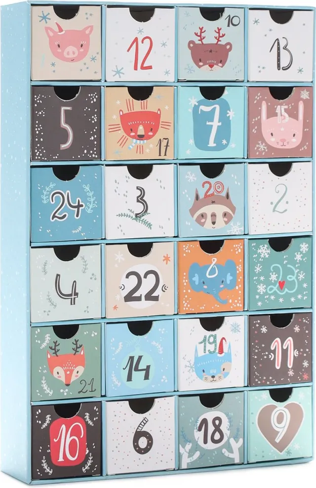 Brubaker Adventskalender om te vullen - Dieren Christmas Blauw- Kerstkalender 24 Vakjes om zelf te vullen met kleine Cadeautjes - 32,5 cm hoog - Karton
