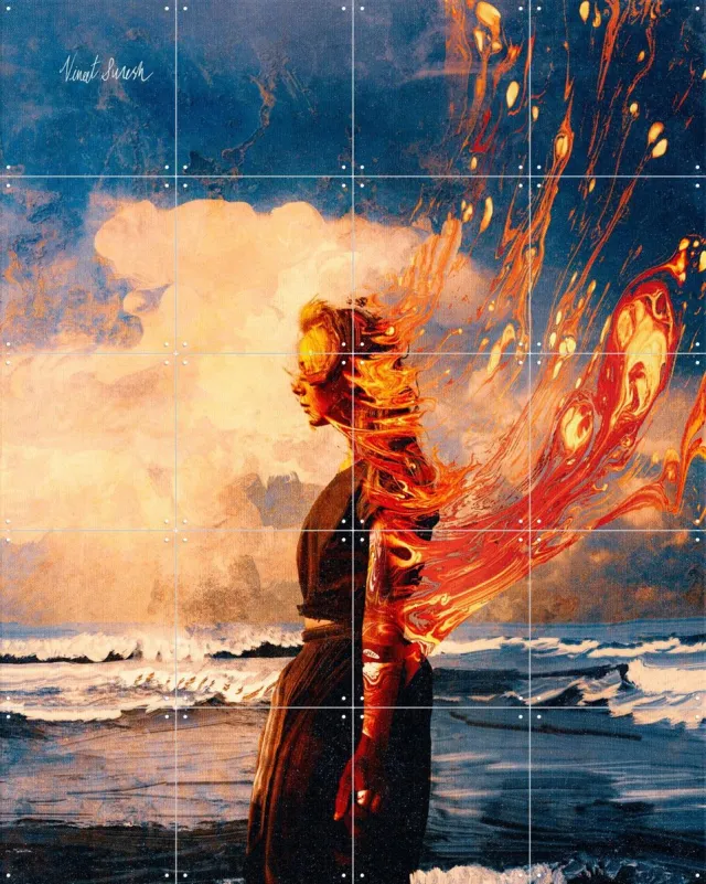 IXXI Burning By The Sea, Vineet Suresh - 80 x 100 cm - Grote wanddecoratie en posters - Modern, Kleurrijk, Surrealisme, Kwaststreken, Digitale Kunst Blauw / Oranje / Rood