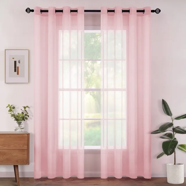 Ibenzoa Transparante Voile Gordijnen met Ingestanste Ringen voor Slaapkamer en Woonkamer, Set van 2, Roze, 140 x 215 cm