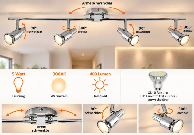 Trango 4-vlam Plafondlamp 2890-048-5W *OSCAR* in chroomlook incl. 4x 5 Watt 3000K warm wit GU10 LED lampen, plafondspots, woonkamerlamp draaibaar 4-vlams Chroom