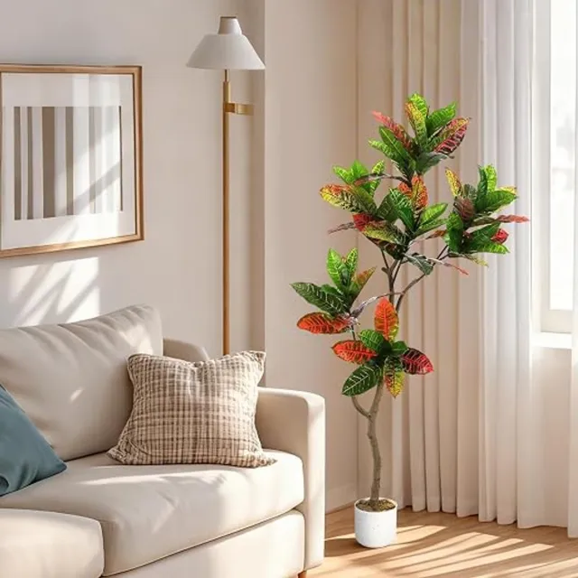 Danky 150 cm gouden ficus kunstplant met cementpot - PEVA materiaal - voor binnen en buiten, vloerdecoratie voor woon‑ en zakelijk gebruik, relatiegeschenk, uitgeklapte afmetingen 150×12,8×15 cm Groen