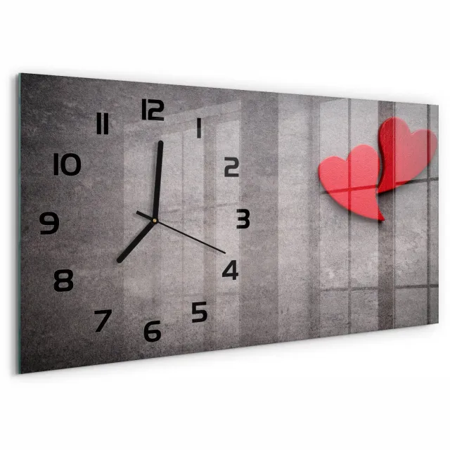 TULUP Wandklok - Rode harten Moderne Wandklok Glas - 60x30 cm - Rood Wandklok Glas Decoratie - Zwarte handen - Rechthoekige Klok - Glazen Wandklok Design - Klok Glas Met Opdruk