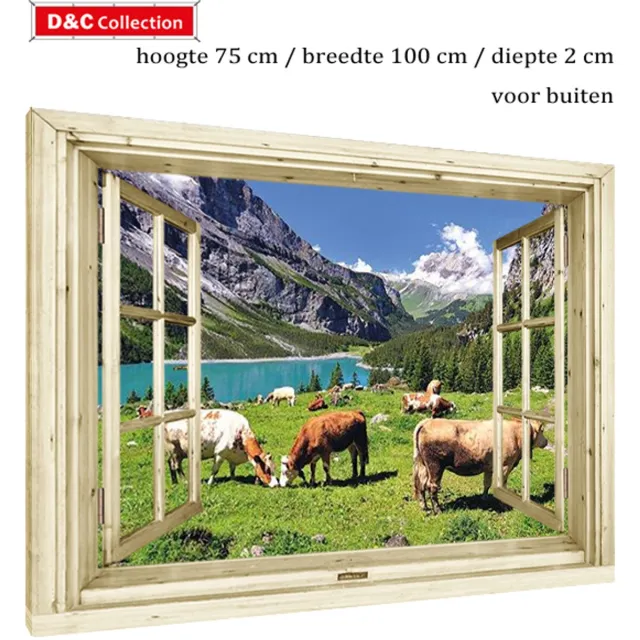 D&C Collection Tuinposter doorkijk koeien op houten frame - 100x75x2 cm - doorkijk nostalgisch venster - bergwei met koeien - uitzicht op berglandschap - buiten poster - tuindoek groen, wit, blauw