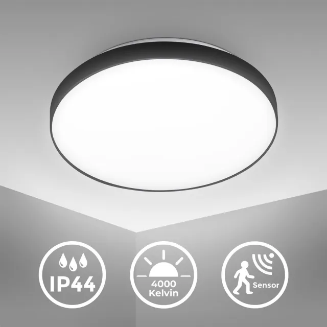 B.K.Licht LED Sensor Plafondlamp Badkamer - IP44 - 16W - 1500lm - 4000K - badkamerverlichting met bewegingsmelder - schemersensor - zwart