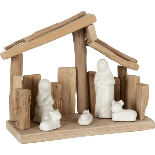 J-Line kerststal Schuine Daken - hout/keramiek - naturel/wit