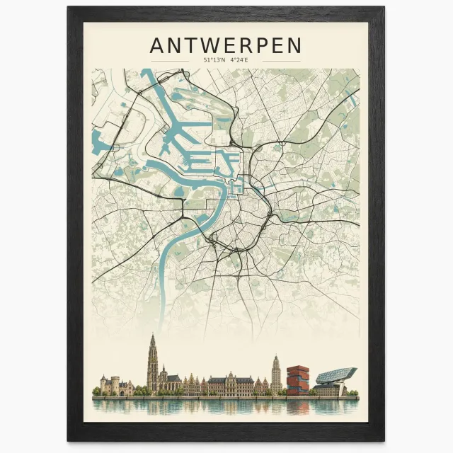 Joshimo Antwerpen Poster | Stadskaart met Skyline | Stadsposter | Inclusief Zwarte A4 Lijst