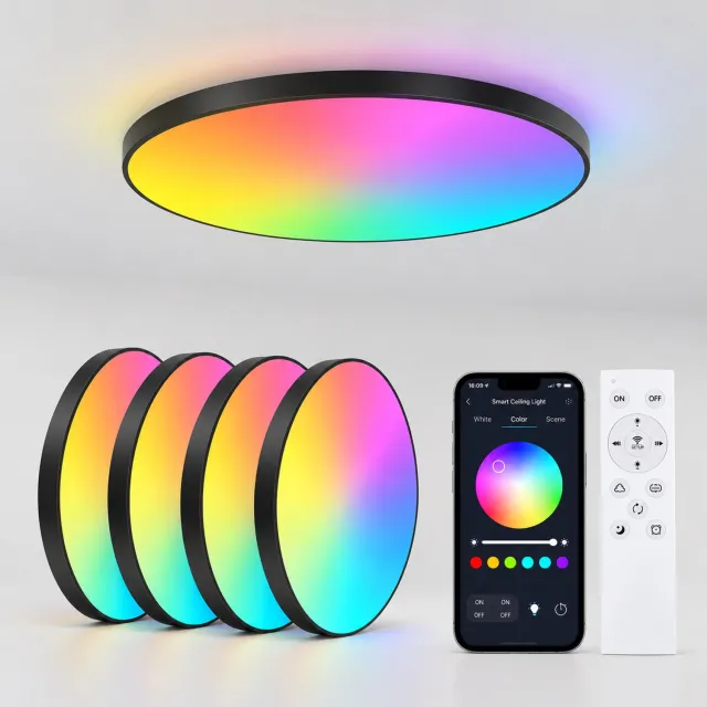 LOVHAUS 4x Slimme LED Plafondlamp Ø30 cm – 24W – App Bediening – Dimbaar Zwart