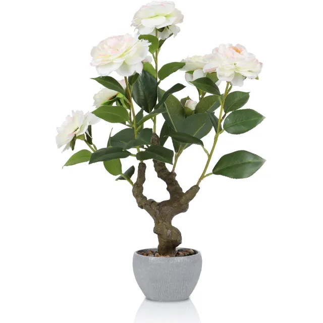 Unyqoos Realistische decoratieve camellia plant in stenen pot voor huis en kantoor