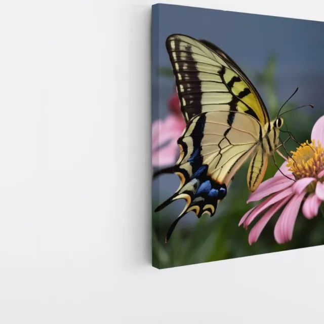 Saammp Canvas Schilderij - Vlinder op bloem - Natuur - Dieren - 100x100 - Foto op canvas - Wanddecoratie - Muurdecoratie Woonkamer - Slaapkamer decoratie - Canvas Print Multicolor