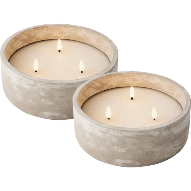 Lumineo LED kaars/stompkaars - 2x st - met 3 lonten - beton grijs - D20 x H8 cm - buiten Betongrijs