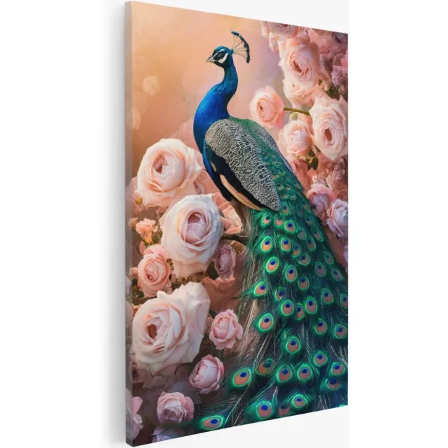 Saammp Canvas Schilderij - Pauw met roze rozen - Abstract - Dieren - 40x50 - Foto op canvas - Wanddecoratie - Muurdecoratie Woonkamer - Slaapkamer decoratie - Canvas Print Multicolor