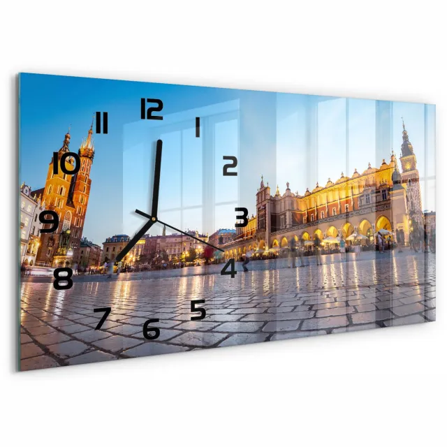 TULUP Wandklok - Krakau, Polen Glazen Klok Met Print - 60x30 cm - Veelkleurig Wandklok Glas Met Motief - Zwarte handen - Rechthoekige Klok - Wandklok Glas Decoratie - Gekleurde Glazen Klok