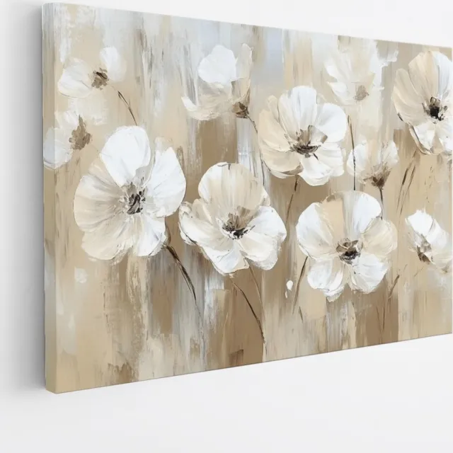 Saammp Canvas Schilderij -Witte Abstracte Bloemen - Natuur - Kunst - 100x75 - Foto op canvas - Wanddecoratie - Muurdecoratie Woonkamer - Kantoor Decoratie Multicolor