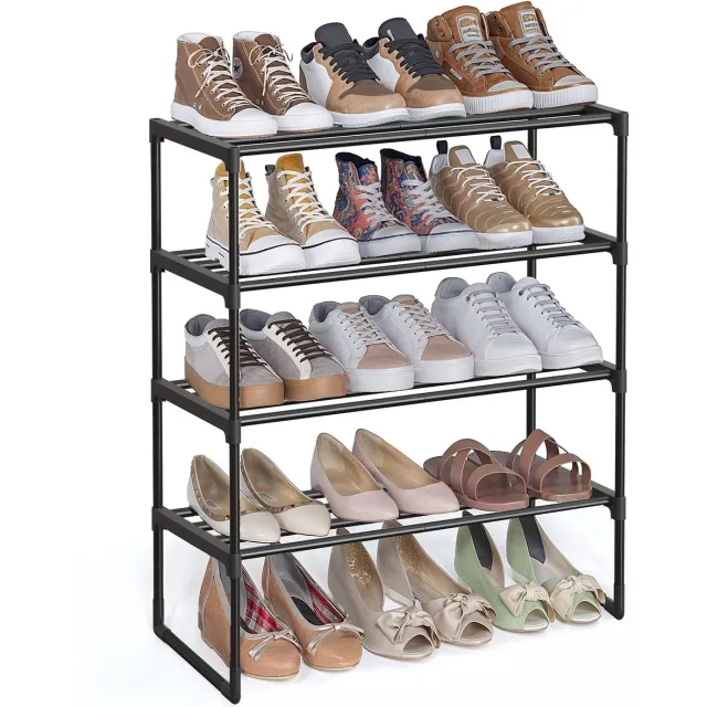 Songmics Schoenenrek - Schoenenrek met 4 Lagen - Metaal - Stapelbaar en Omkeerbaar - Voor 10-15 Paar Schoenen Zwart