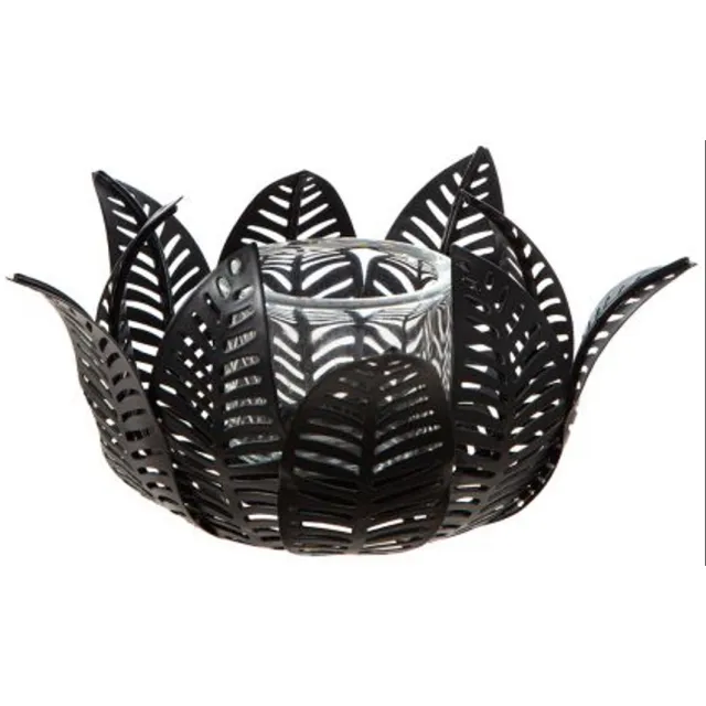 Gilde handwerk Windlicht - Kaarsenhouder - Bladvorm - Lotus - Metaal - Glas - 9x18cm Zwart
