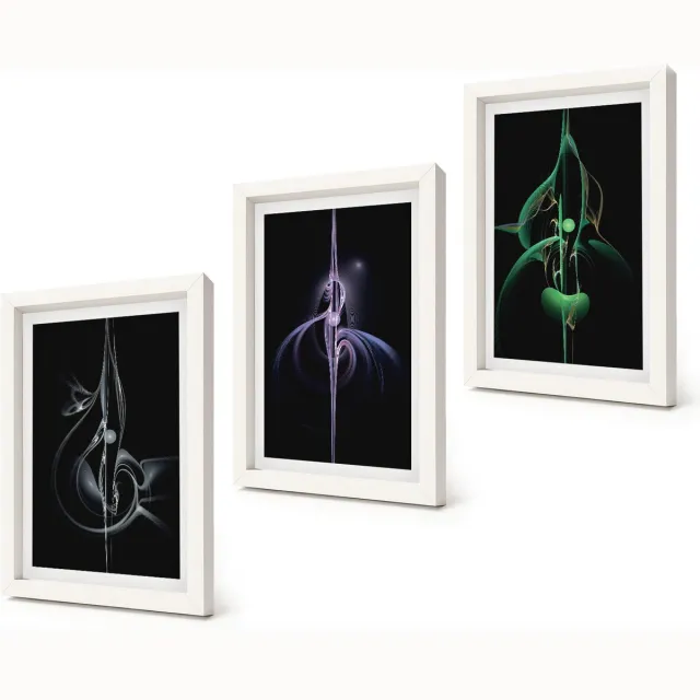Coloray 3-Delige Schilderij Set - Abstracte patronen in zwart- en kleurtinten - 20x30 - Wanddecoratie - Schilderijen Set - Kantoor - Woonkamer Decoratie Witte lijst