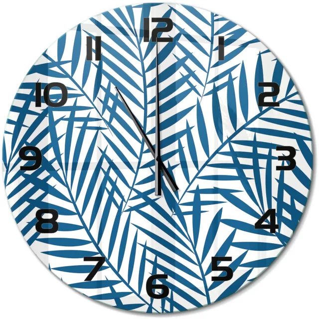 TULUP Wandklok - Palmbladeren Glazen Wandklok Design - fi60 cm - Blauw Klok Glas Met Opdruk - Zwarte handen - Ronde Klok - Wandklok Glas Met Motief - Decoratieve Glazen Klok