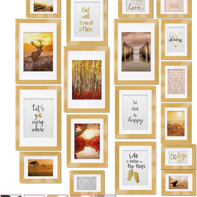 bomoe Set van 18 Fotolijsten Houten Picture Frames - 6x 10,5x15cm / 4x 13x18cm / 4x 18x24cm / 4x 20x30cm – kunststof glas Fotolijst van Hout - Metalen Ophanging - Standaard & Passepartout - Goud