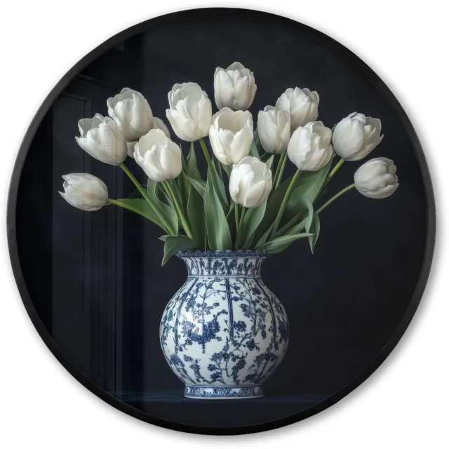 FrameYourWall Poster in lijst Rond - Fotolijst 60x60 cm - Posters - Wit - Bloemen - Tulpen - Vaas - Ronde posterlijst zwart - Decoratie - Wanddecoratie woonkamer - Muurdecoratie slaapkamer Tulpen - Wit