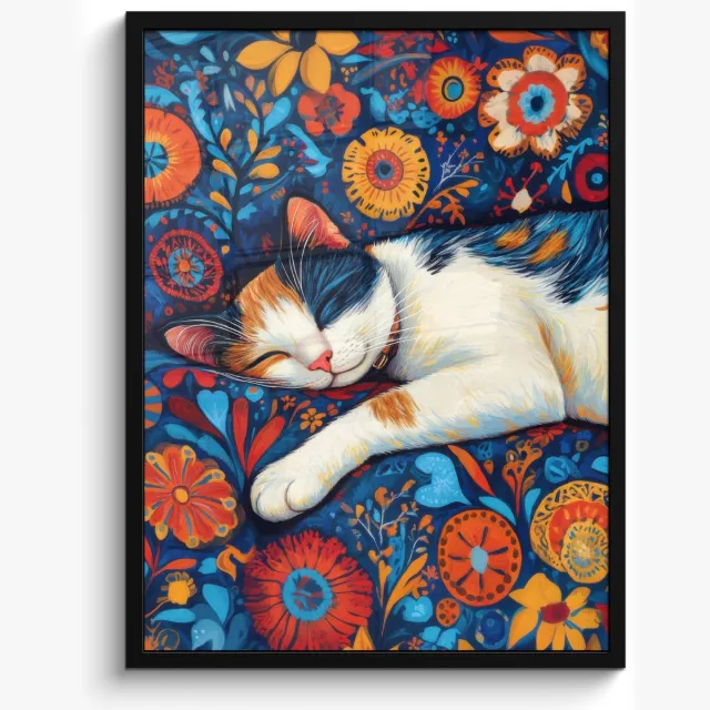 FrameYourWall Poster in lijst - Fotolijst 50x70 cm - Posters - Kat - Bloemenpatroon - Blauw - Oranje - Posterlijst zwart - Decoratie - Wanddecoratie woonkamer - Muurdecoratie slaapkamer
