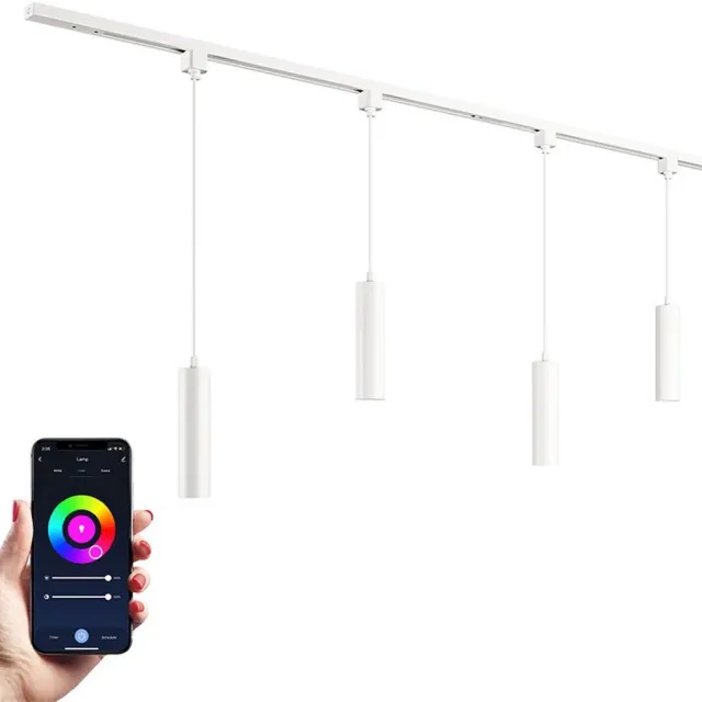 HOFTRONIC railverlichting pakket recht – 2 meter rail – 4 hanglampen met RGBWW GU10 lichtkleur – dimbaar via app – aluminium wit – IP20 – 230V – smart track lights woonkamer keuken kantoor