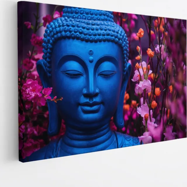 Saammp Canvas Schilderij - Boeddha bij roze bloemen - 100x75 - Foto op canvas - Wanddecoratie - Muurdecoratie Woonkamer - Canvas schilderijen Multicolor