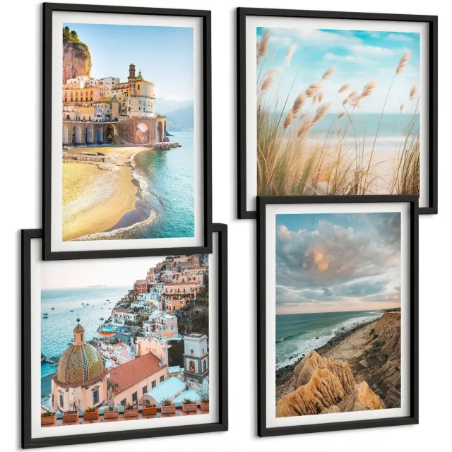 Coloray 4-Delige Schilderij Set - Kustlandschappen Met Strand, Stad En Kliffen - 40 x 40 cm En 40 x 60 cm - Wanddecoratie - Schilderijen Set - Kantoor Zwarte lijst