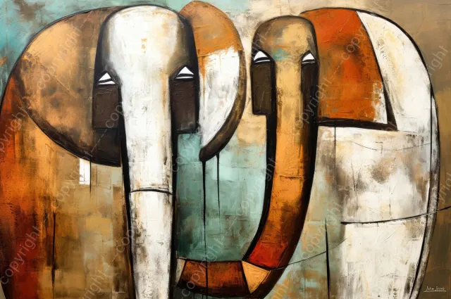 John Joseb Art (Canvas) 120x80 | Olifanten, abstract surrealisme, Picasso stijl, kunst | dier, olifant, Afrika, blauw, bruin, brons, wit, modern | Foto-Schilderij canvas print (wanddecoratie) Canvas, dikte 2 cm
