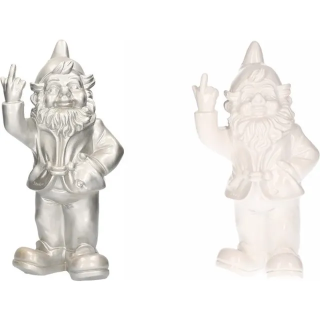 Stoobz Design Tuinkabouters - 2x - zilver/wit - polystone - 30 cm - middelvinger Multi