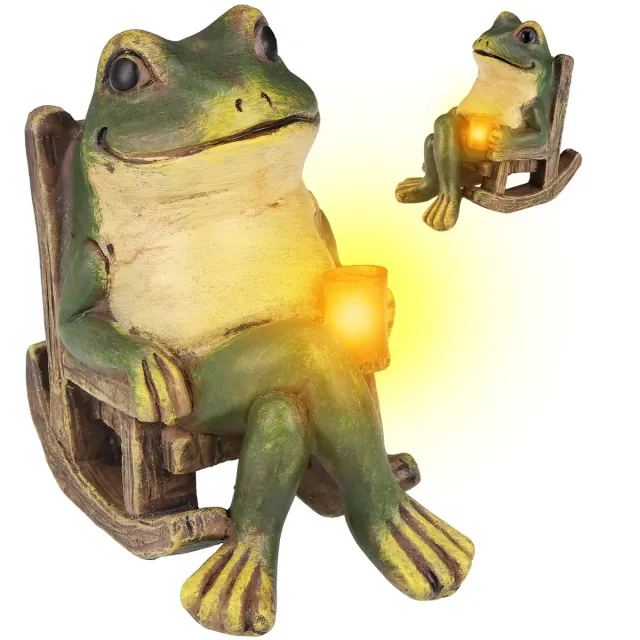 carmdering Tuinfiguur - Polyresin - Tuinverlichting - Mini kikker beeldje met LED zonne-energie - Weerbestendig en kleurvast - Laadt overdag op, brandt 6-7 uur 's nachts - Ideaal voor gazon, tuin of veranda groente