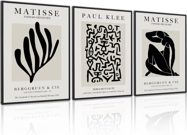 Unyqoos Set van drie abstracte kunstposters met houten omlijsting voor moderne woondecoratie Zwart wit