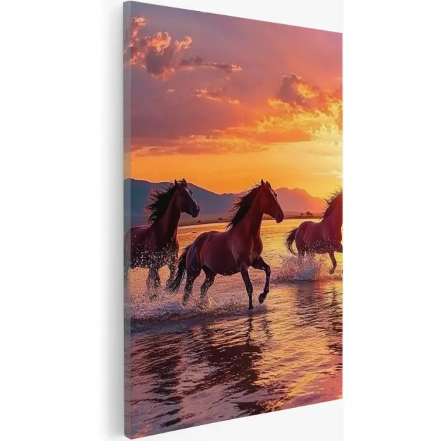 Saammp Canvas Schilderij - Paarden in het water met zonsondergang - Natuur - Dieren - 75x100 - Foto op canvas - Wanddecoratie - Muurdecoratie Woonkamer - Slaapkamer decoratie - Canvas Print Multicolor