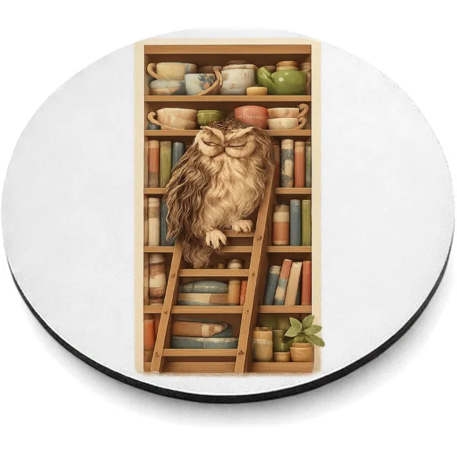 Mr Cadeautjes MDF magnetische fotolijst rond Ø 9,5 - design Een slaperige uil op een ladder naast een hoge plank met the | cadeau Wit