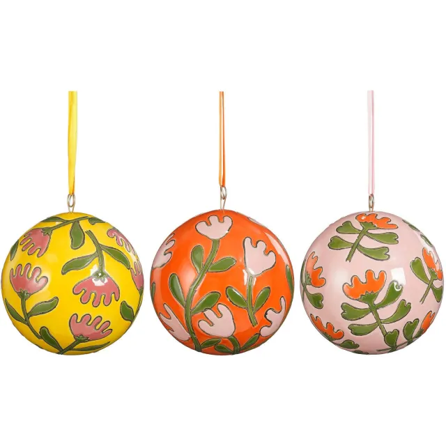 Mica Decorations Kerstballen glas bloemen multi - 3 varianten (ø10 cm) Roze, Oranje, Geel
