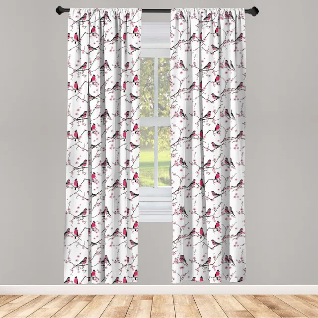 ABAKUHAUS Aziatische raamgordijnen 2-delig – Sakura Vogels – 75x245 cm – Zwart/Grijs/Roze Zwart Grijs Roze