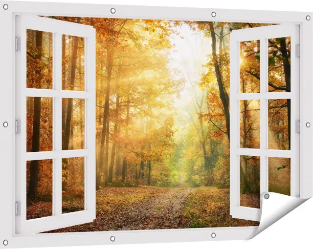 Gards Tuinposter Doorkijk Herfstbos met Zonneschijn - 120x80 cm - Tuindoek - Tuindecoratie - Wanddecoratie buiten - Tuinschilderij Wit