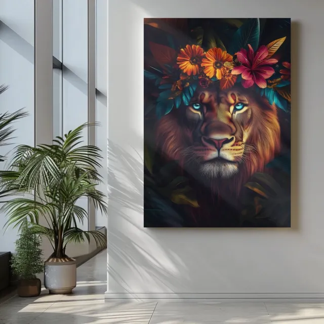 Trendex Global Canvas Schilderij - Dieren - Leeuw en Bloemen - 120x80x2 cm Kleurrijk